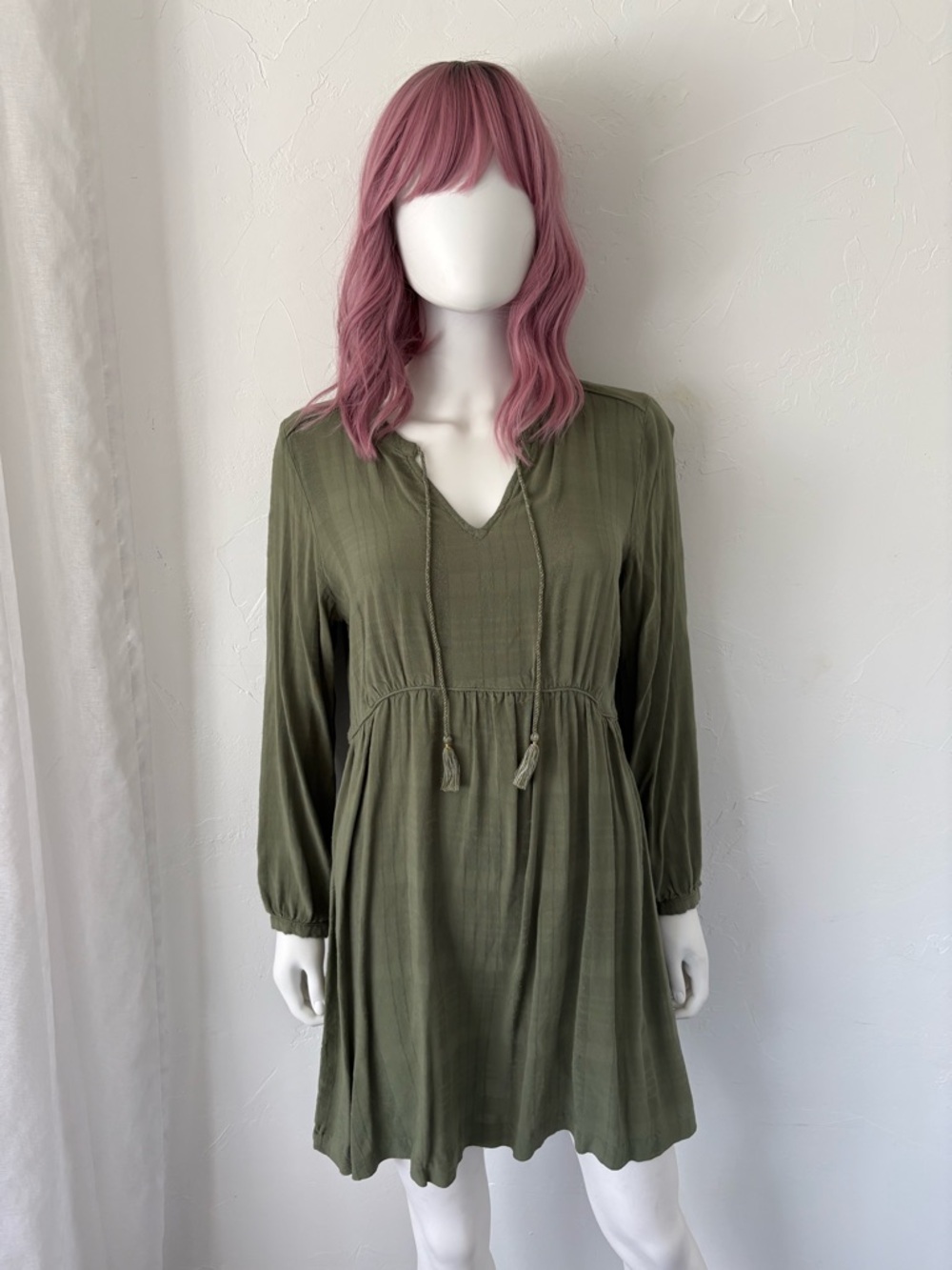 Old Navy Olive Green Mini Dress with Tassel V-Neck